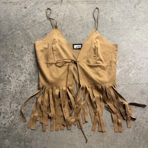 One Up VTG Women's Brown Camel Suede Fringe Crop Tank Top S/M Boho Western Y2k
